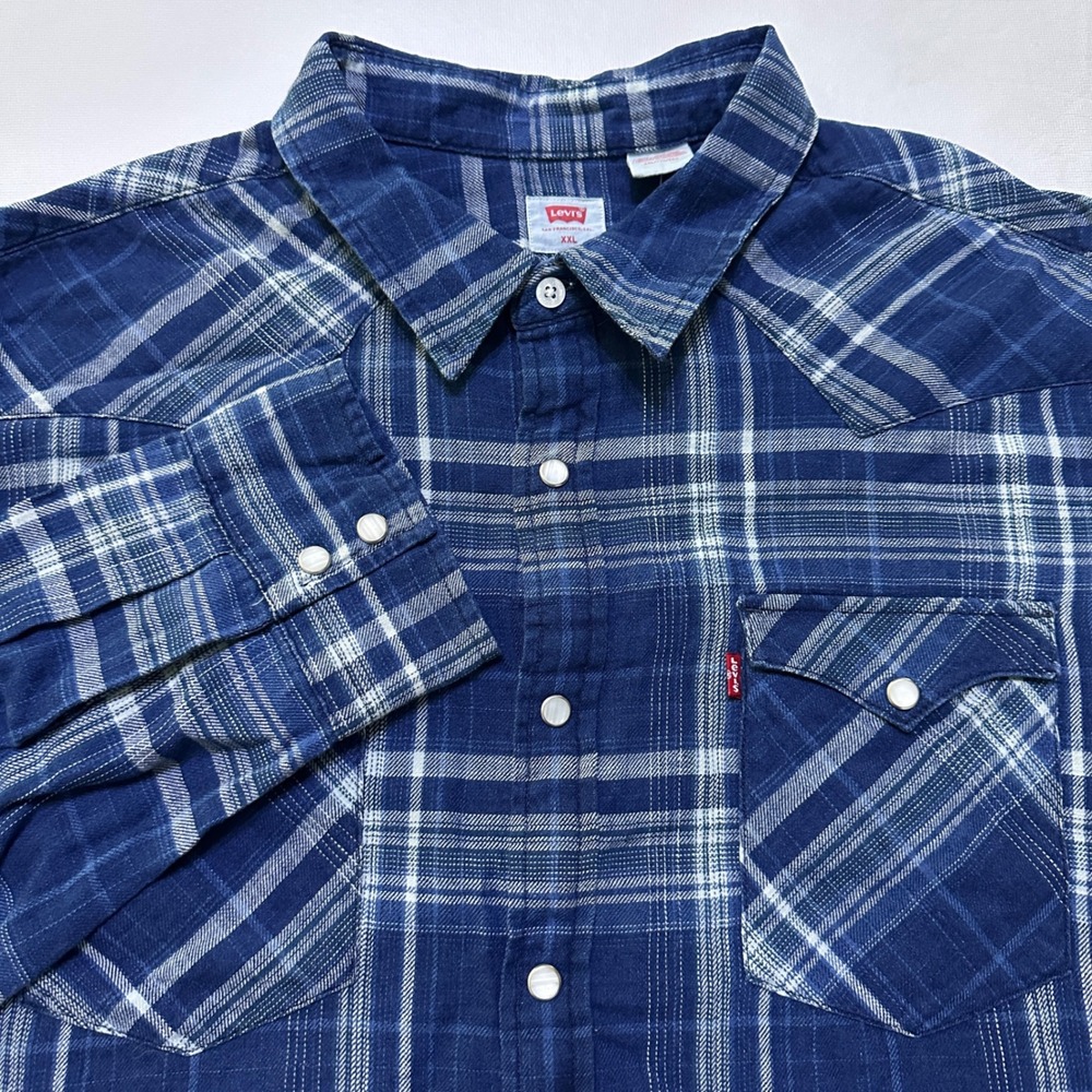 Levis The Western Standard Fit Shirt XXL Blue Plaid Pearl Snap Flannel Americana